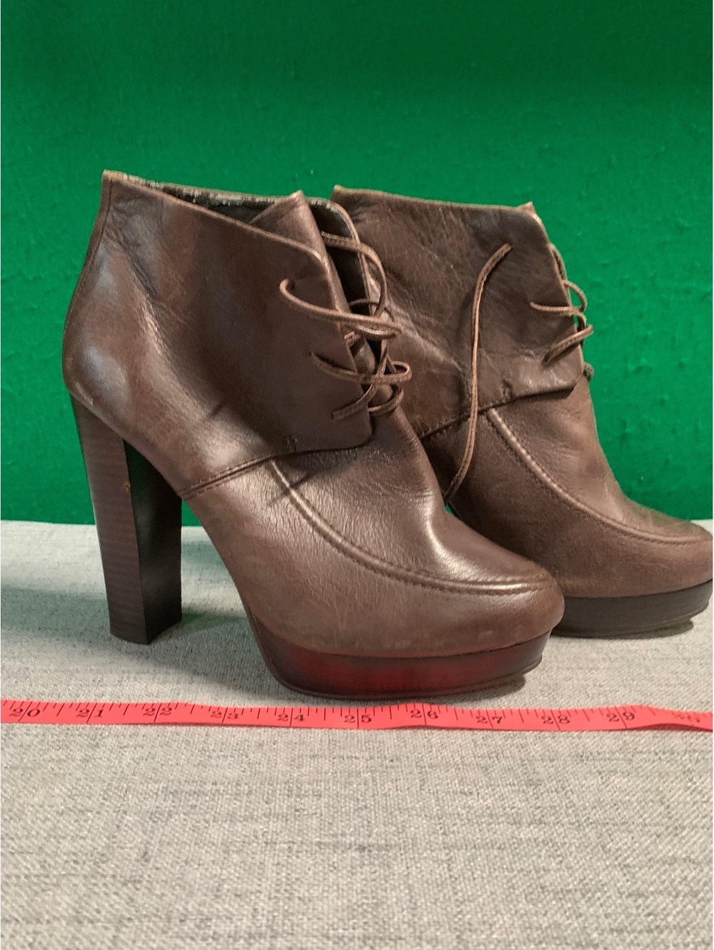 Brown leather lace-up heeled ankle boots